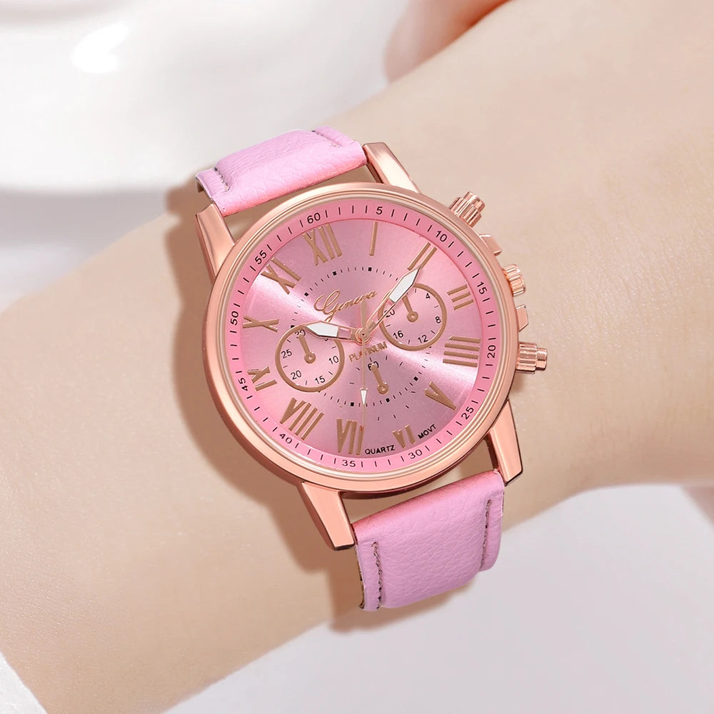 6PCS/Set Pink Women Watch Roman Numeral Dial Quartz Wristwatch Leather Strap Watch Butterfly Element Jewelry Set Gift For Girls