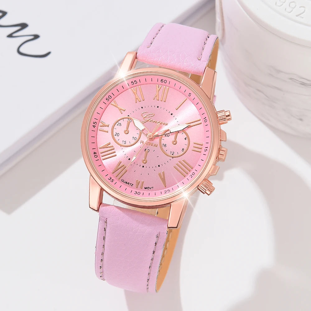 6PCS/Set Pink Women Watch Roman Numeral Dial Quartz Wristwatch Leather Strap Watch Butterfly Element Jewelry Set Gift For Girls