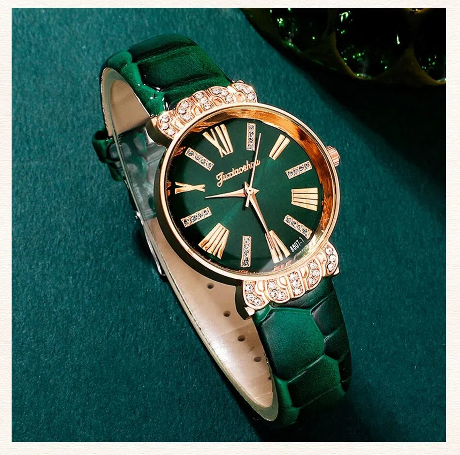 Luxury Watch Women Necklace Earrings Bracelet Set Watches Peach Heart Green Leather Strap Ladies Quartz WristWatch Montre Femme