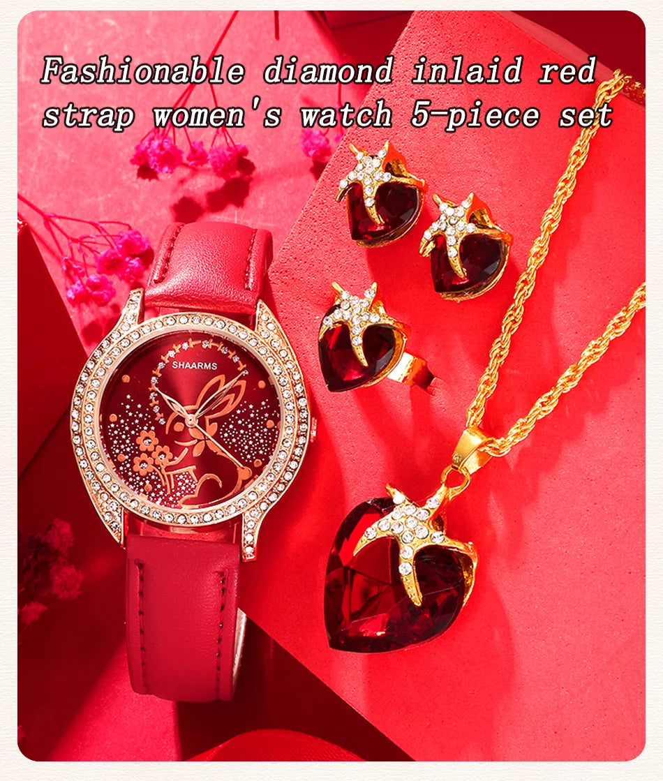 Luxury Quartz Watch Women Ring Necklace Earring Rhinestone Fashion Wristwatch Female Clock Casual Ladies Watches Montre Femme