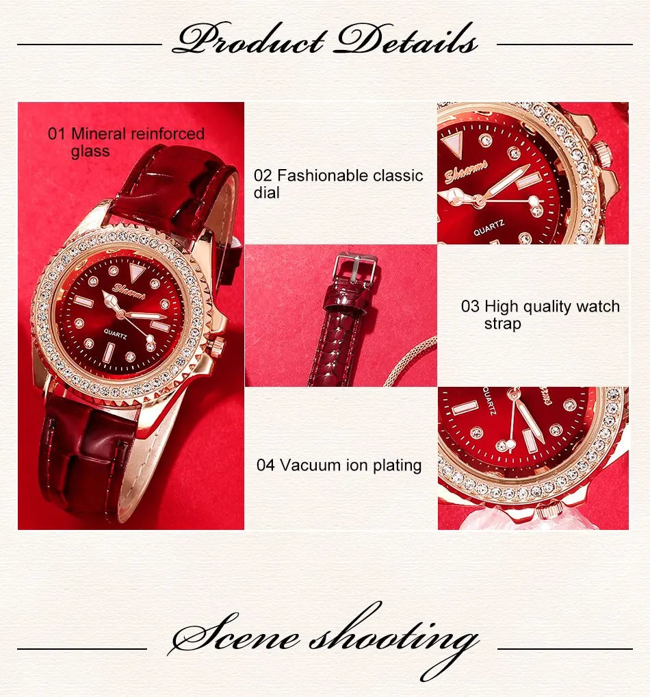 New Luxury Fashion Women Watch Set Leather Band Ladies Quartz Wristwatch Rhinestone Alloy Female Jewelry Set For Ladies Gift