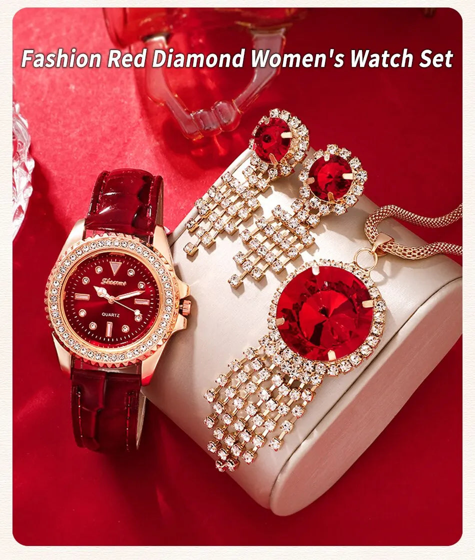 New Luxury Fashion Women Watch Set Leather Band Ladies Quartz Wristwatch Rhinestone Alloy Female Jewelry Set For Ladies Gift