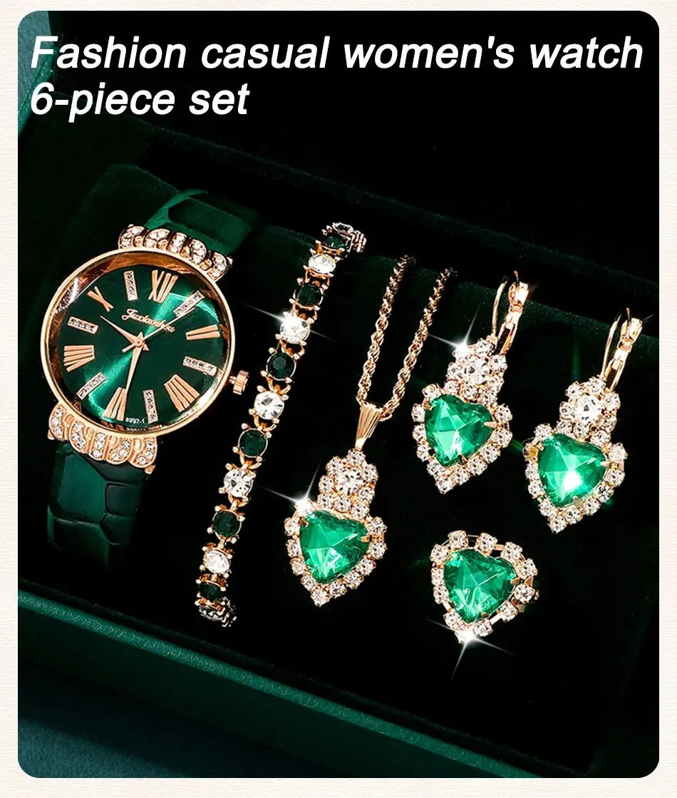 Luxury Watch Women Necklace Earrings Bracelet Set Watches Peach Heart Green Leather Strap Ladies Quartz WristWatch Montre Femme