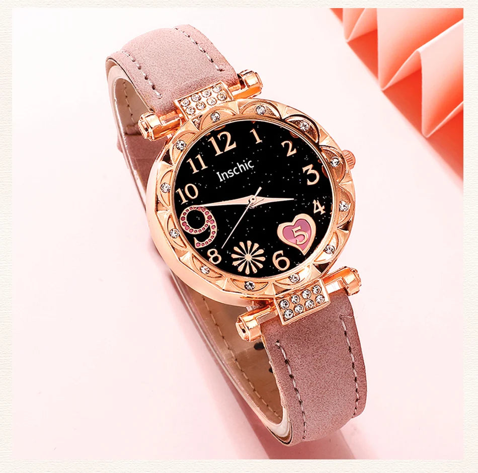 Women's Fashion Quartz Watch Luxury Pink Leather Band Analog WristWatch Ladies Watch Women Dress Bracelet Set Reloj Mujer Clock