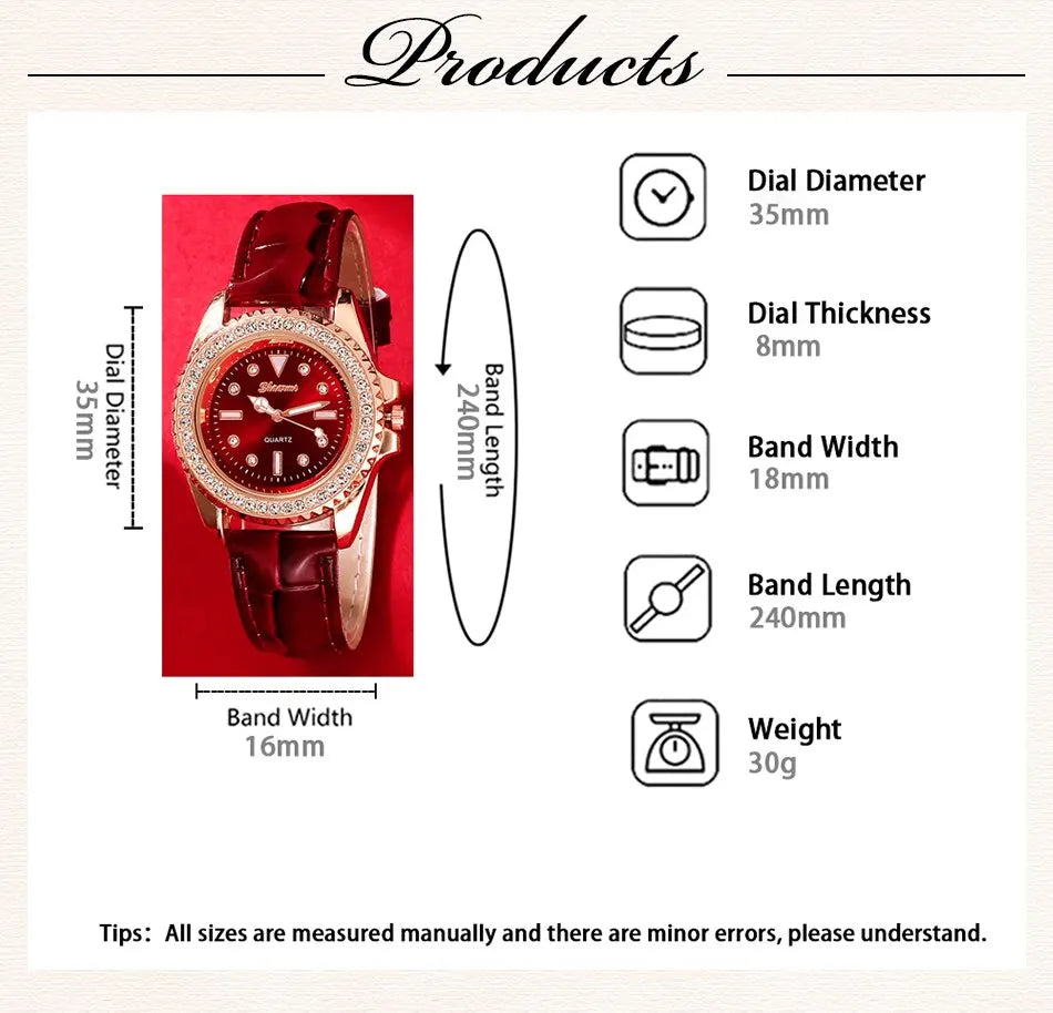 New Luxury Fashion Women Watch Set Leather Band Ladies Quartz Wristwatch Rhinestone Alloy Female Jewelry Set For Ladies Gift