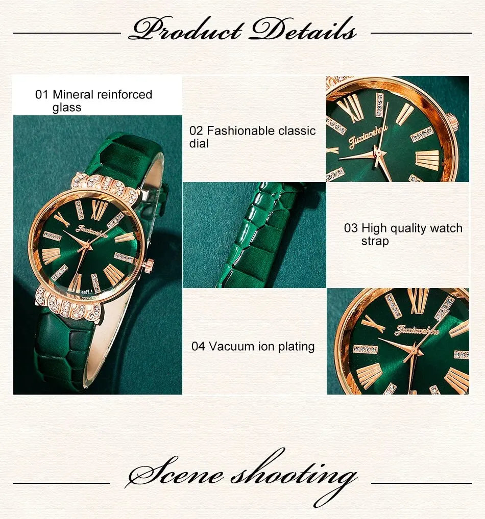 Luxury Watch Women Necklace Earrings Bracelet Set Watches Peach Heart Green Leather Strap Ladies Quartz WristWatch Montre Femme