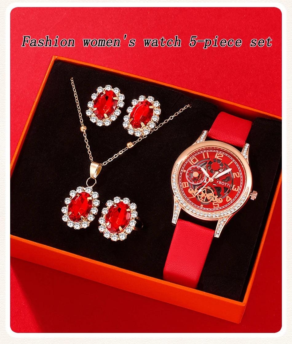 5PCS Set Women Quartz Watch Imitated Mechanical Design Female Clock Luxury Brand Ladies Leather Wrist Watch Montre Femme