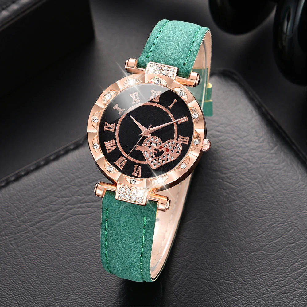 Green Women Watch 6PCS/Set Fashion Note Element Dial Quartz Wristwatch Frosted Strap Watch Diamond Jewelry Set Gift For Her