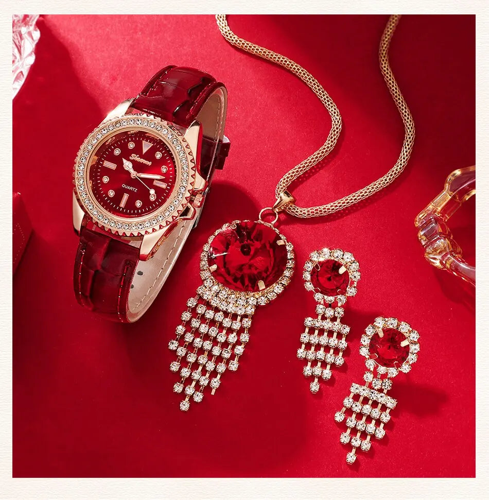 New Luxury Fashion Women Watch Set Leather Band Ladies Quartz Wristwatch Rhinestone Alloy Female Jewelry Set For Ladies Gift