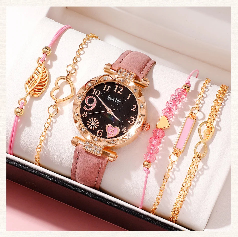 Women's Fashion Quartz Watch Luxury Pink Leather Band Analog WristWatch Ladies Watch Women Dress Bracelet Set Reloj Mujer Clock