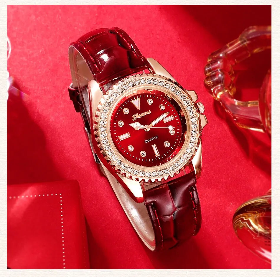 New Luxury Fashion Women Watch Set Leather Band Ladies Quartz Wristwatch Rhinestone Alloy Female Jewelry Set For Ladies Gift