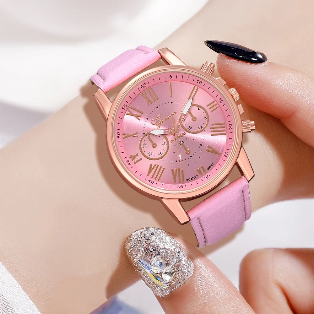 6PCS/Set Pink Women Watch Roman Numeral Dial Quartz Wristwatch Leather Strap Watch Butterfly Element Jewelry Set Gift For Girls