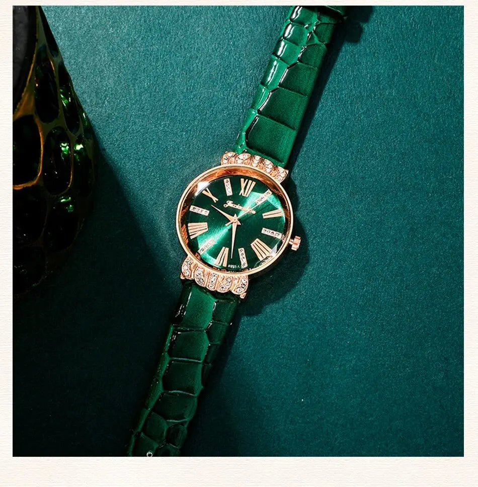 Luxury Watch Women Necklace Earrings Bracelet Set Watches Peach Heart Green Leather Strap Ladies Quartz WristWatch Montre Femme