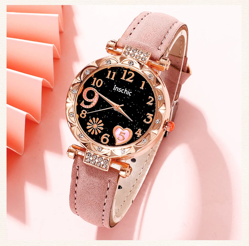 Women's Fashion Quartz Watch Luxury Pink Leather Band Analog WristWatch Ladies Watch Women Dress Bracelet Set Reloj Mujer Clock