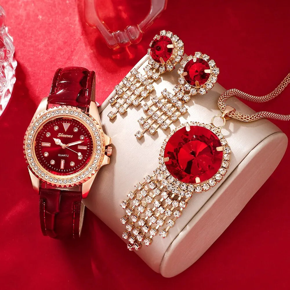 New Luxury Fashion Women Watch Set Leather Band Ladies Quartz Wristwatch Rhinestone Alloy Female Jewelry Set For Ladies Gift