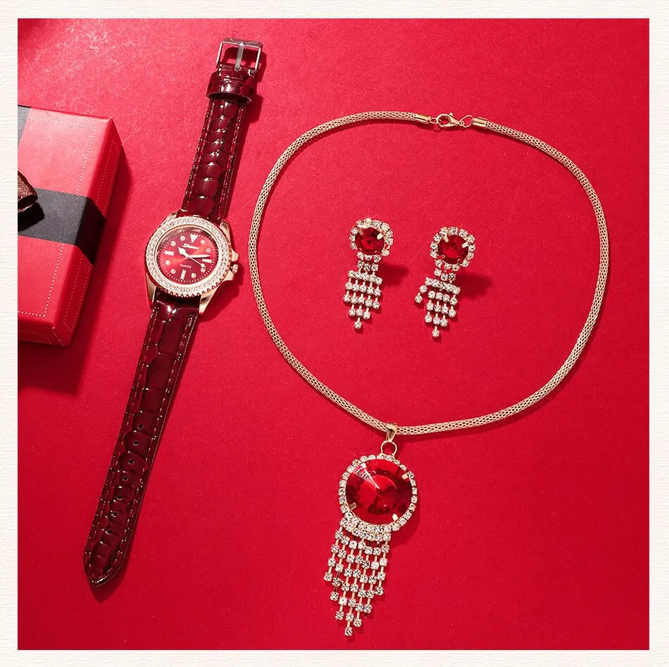 New Luxury Fashion Women Watch Set Leather Band Ladies Quartz Wristwatch Rhinestone Alloy Female Jewelry Set For Ladies Gift