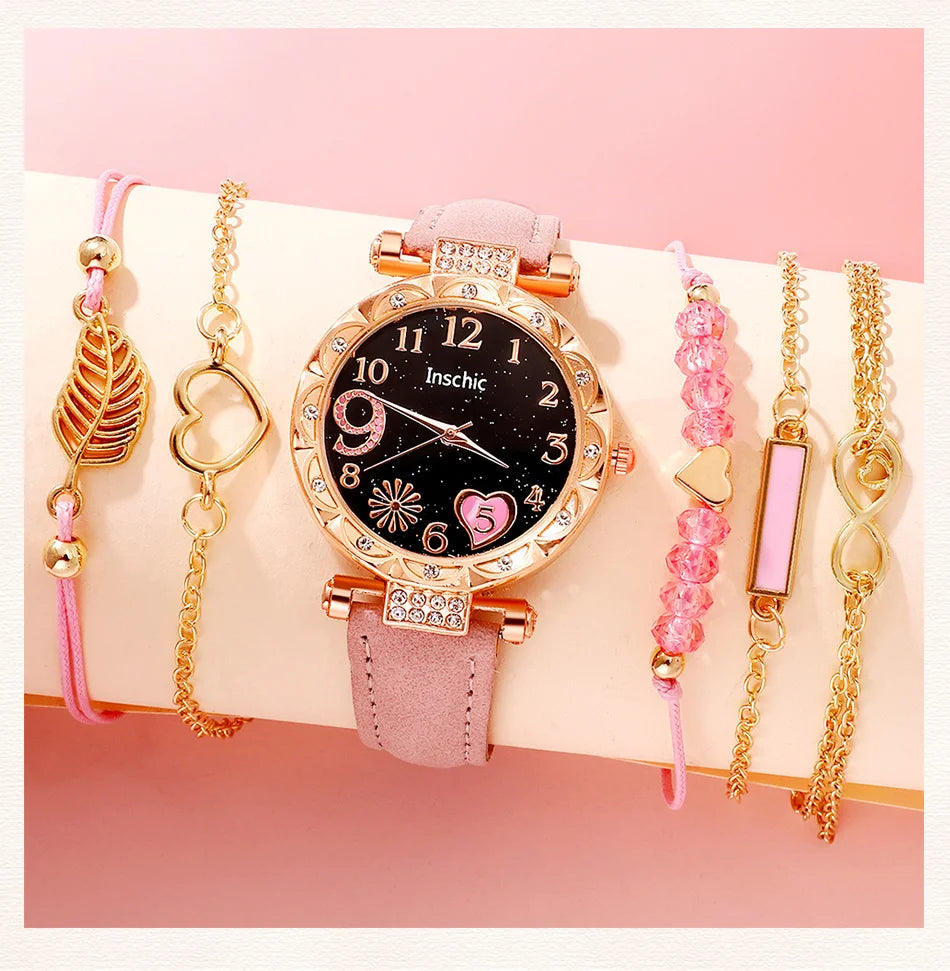 Women's Fashion Quartz Watch Luxury Pink Leather Band Analog WristWatch Ladies Watch Women Dress Bracelet Set Reloj Mujer Clock