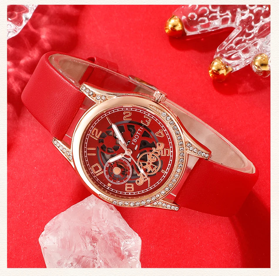 5PCS Set Women Quartz Watch Imitated Mechanical Design Female Clock Luxury Brand Ladies Leather Wrist Watch Montre Femme