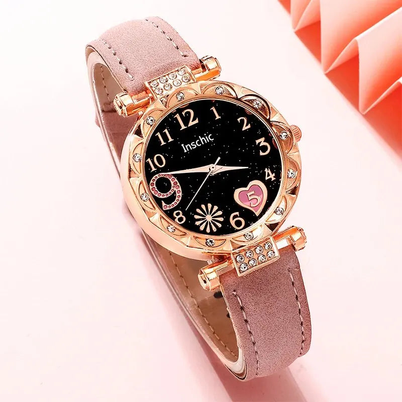 Women's Fashion Quartz Watch Luxury Pink Leather Band Analog WristWatch Ladies Watch Women Dress Bracelet Set Reloj Mujer Clock