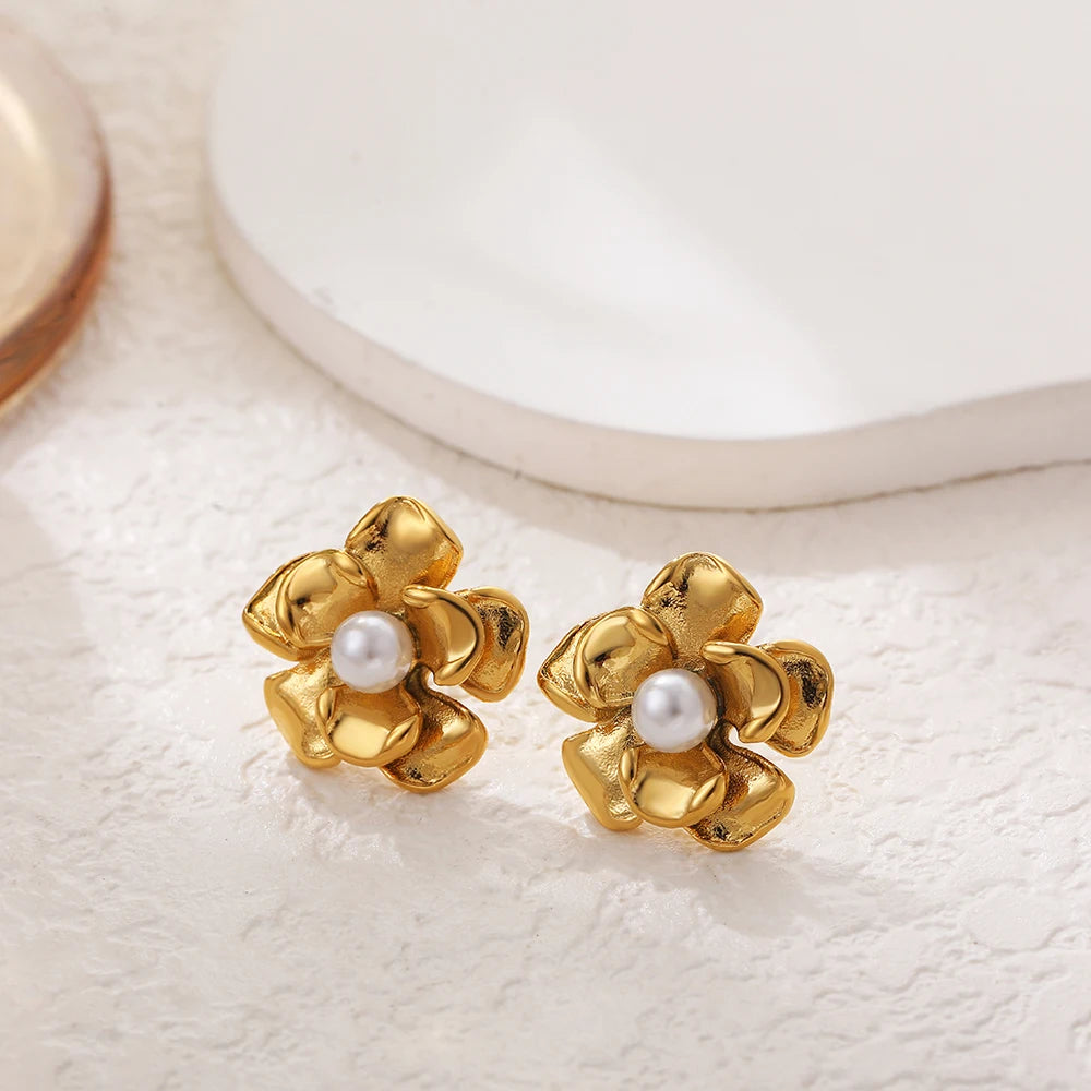 Hypoallergenic Stylish Vintage Flower Stud Earrings Personality 18k Gold Plated Stainless Steel Jewelry for Women Accessories