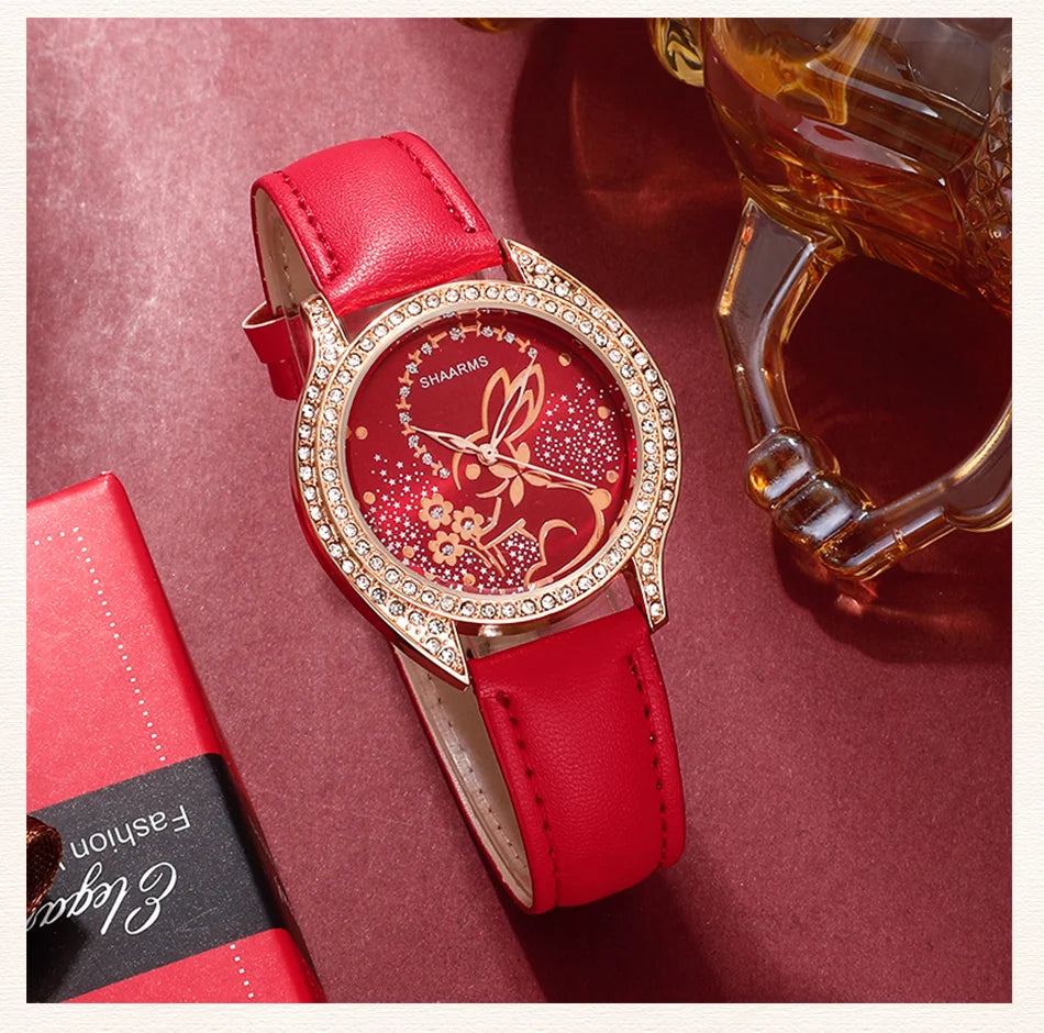 Luxury Quartz Watch Women Ring Necklace Earring Rhinestone Fashion Wristwatch Female Clock Casual Ladies Watches Montre Femme