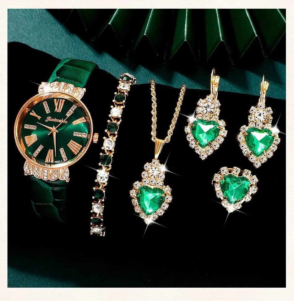 Luxury Watch Women Necklace Earrings Bracelet Set Watches Peach Heart Green Leather Strap Ladies Quartz WristWatch Montre Femme