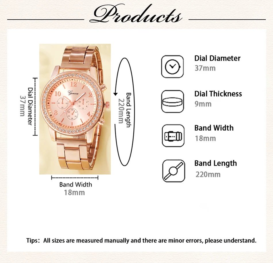 6PCS Set Rose Gold Luxury Watch Women Ring Necklace Earring Rhinestone Fashion Wristwatch Casual Ladies Bracelet Watches