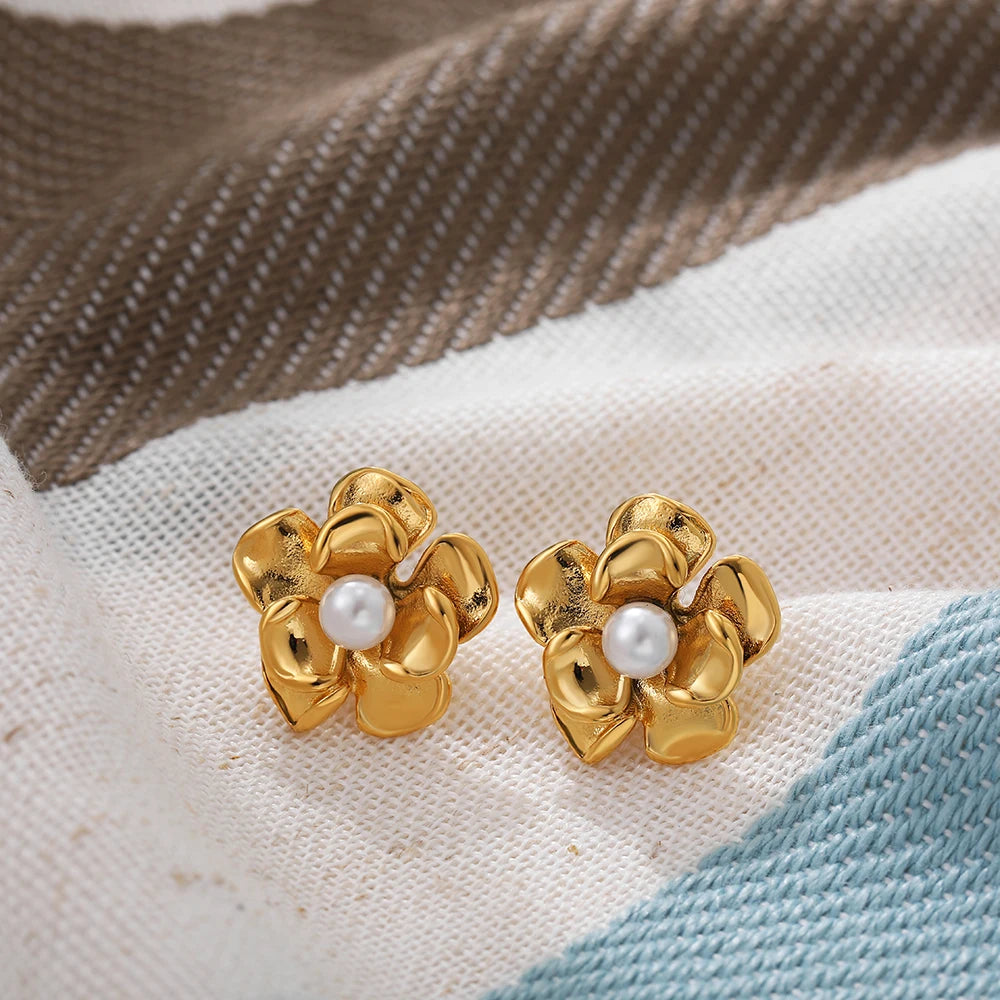 Hypoallergenic Stylish Vintage Flower Stud Earrings Personality 18k Gold Plated Stainless Steel Jewelry for Women Accessories